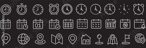 Date Address Time Line Icon, clock, calendar, and location pin symbols, delivery, meeting, office, planning, navigation, and scheduling concept, editable line vector illustration.