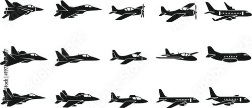 Collection of aircraft silhouettes including fighter jets, propeller planes, and commercial airplanes representing aviation diversity and air transport isolated on white background
