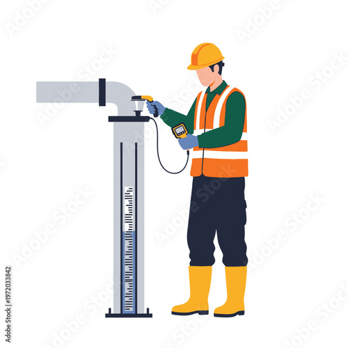 Industrial worker in safety vest and hard hat inspecting pipe with measuring device, flat design vector illustration