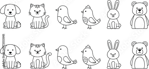 Cartoon animal silhouettes in duplicate rows featuring dog, cat, bird, chicken, rabbit and bear for design use