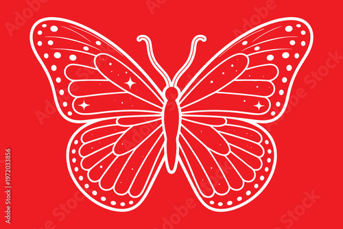 Monarch Butterfly Outline Flying with Stars and Dots on Red Background Minimalist Vector Art