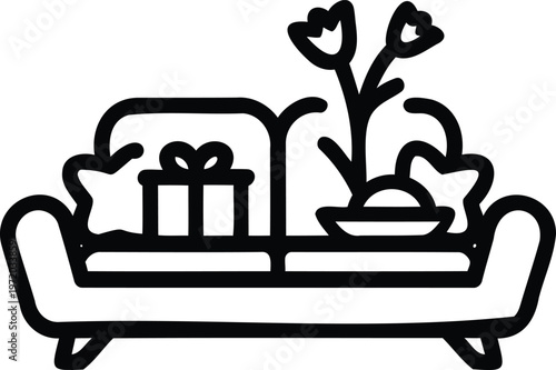 Cozy couch with gift, flowering plant and fruit bowl, home decor illustr