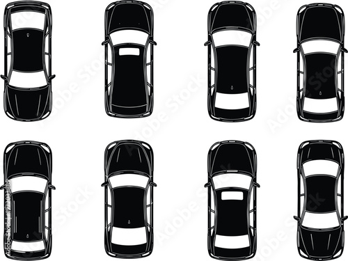 Collection of eight identical car silhouettes viewed from above in black outline design