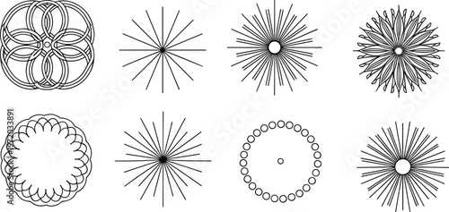 Collection of eight geometric abstract patterns with radial symmetry and spirograph‑style designs in black outline