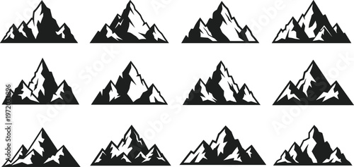 Collection of mountain silhouettes vector set featuring various peak shapes, alpine landscape icons, nature elements isolated for design and branding