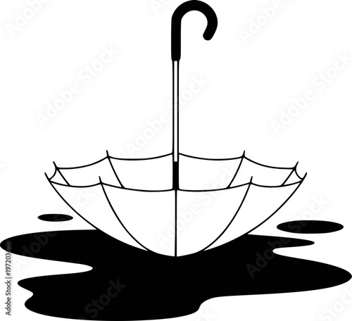 Black and white of an inverted umbrella in a puddle a white background water rain
