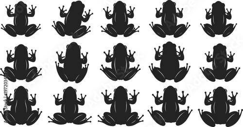 Frog silhouette set vector illustration, top view amphibian collection with different poses, wildlife nature design elements isolated on clean background