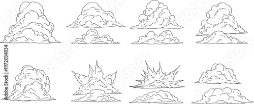 Hand drawn cloud explosion and smoke puff set, sketch style atmospheric elements collection in black and white vector illustration