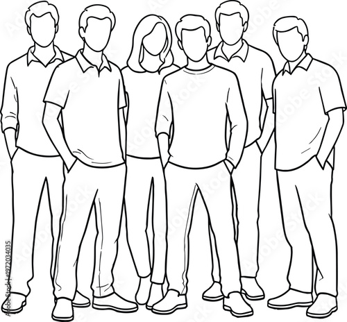 Group of young people standing together line art illustration representing friendship, teamwork, diversity, and casual community concept isolated on white background