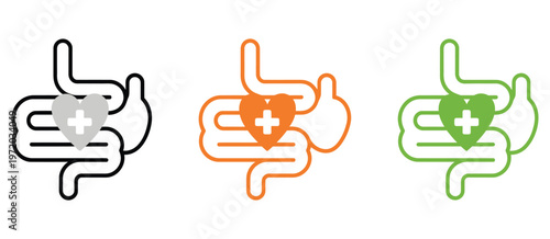 Gut protection, safety, and normalization of digestion linear icon set, intestine illustration with checkered shield