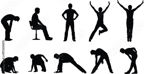 Human activity silhouettes set, people stretching jumping sitting and working poses, lifestyle vector icons isolated on clean background