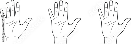 Line drawings of three open hands with fingers spread apart and palms facing forward in black outline