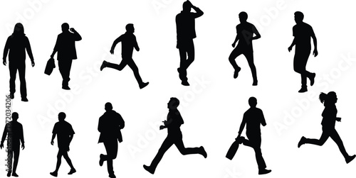 People walking and running silhouettes set, business and casual human motion poses isolated, active lifestyle and urban movement design elements