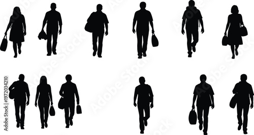 People walking with bags silhouette set, urban shoppers collection in black and white vector for lifestyle and retail design use