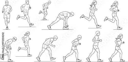 Running people vector set, male and female joggers in motion sequence, fitness training illustration collection isolated on clean background