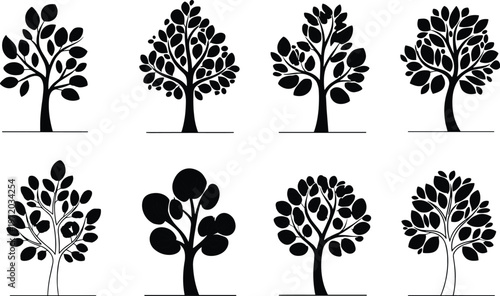 Set of stylized tree silhouettes vector illustration featuring decorative foliage shapes, abstract nature icons isolated for design and branding use