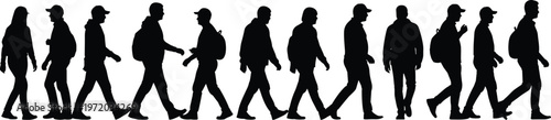 Silhouettes of five people walking with backpacks in different motion stages representing human locomotion and movement