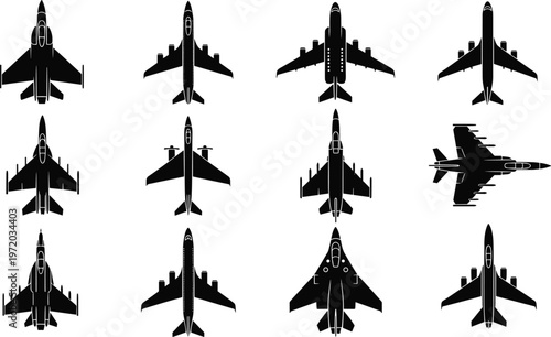 Fotografie Top view military aircraft silhouettes set, fighter jets and bombers collection,