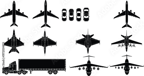 Transport silhouette set with airplanes, fighter jets, cars and truck, black and white vector collection for logistics and travel design use