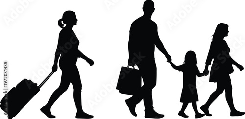 Traveling people silhouettes set, family walking with luggage isolated, tourism and journey concept illustration for vacation, airport and holiday design use