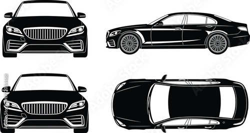 Vector illustrations of luxury sedan car from multiple perspectives including front, side, and top views in black outline