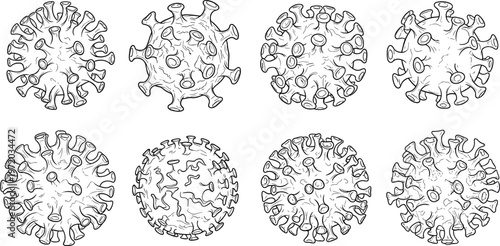 Virus particle set vector illustration, detailed coronavirus cells top view, medical microbiology pathogen icons isolated on clean background
