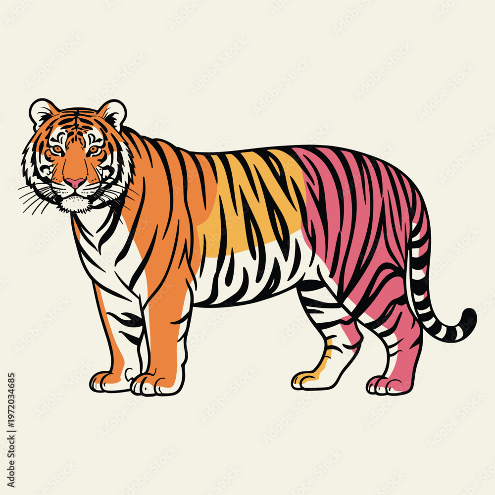 Obraz premium Tiger Standing Profile View Vibrant Stripes Graphic Style Isolated Minimalist Background