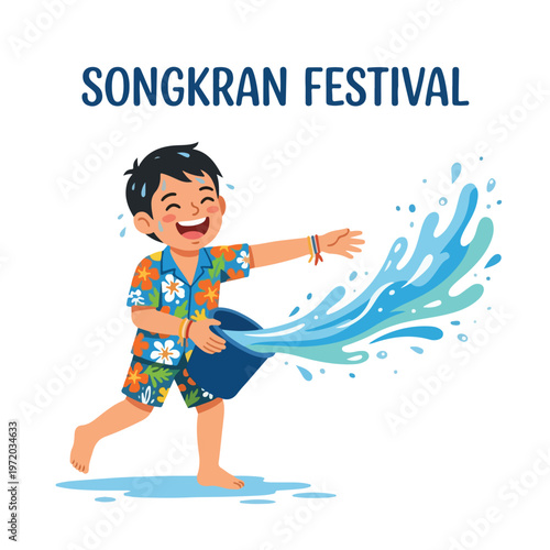 Vector of a happy Thai child playing in the water celebrating "Songkran Festival" 002
