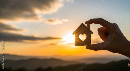 Hand holding a miniature wooden house with a glowing heart window, silhouetted against a radiant sunset, embodying dreams of home, love, and future security