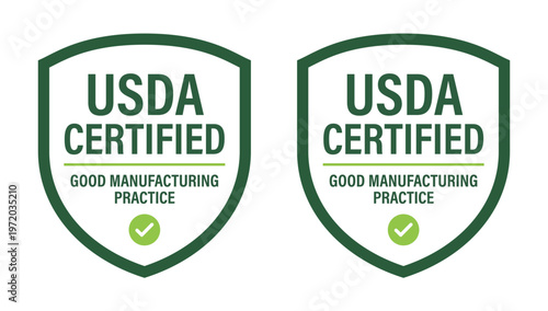 USDA Certified Good Manufacturing Practice Seal with Shield Icon and Checkmark for Organic Product Safety, Food Standards, and Quality Compliance