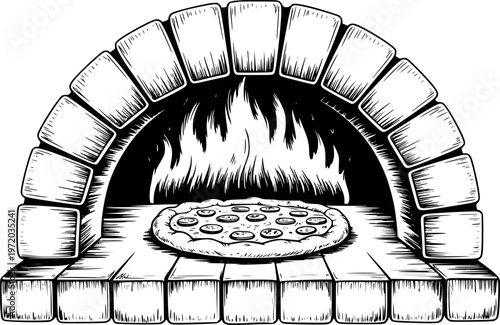 Black and white of a pizza cooking in a rustic wood fired oven with flames