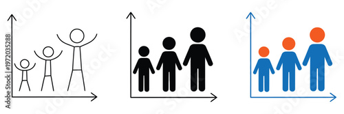 Human growth chart icon with multiple figures, symbolizing development stages, demographic data, population analysis, height tracking, and generational change over time, editable vector illustration