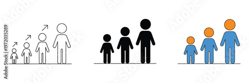 Human growth chart icon with multiple figures, representing population growth, development stages, demographic trends