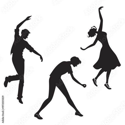 Silhouette of dancing girls, dancers and dancing couple in dynamic group dance illustration
