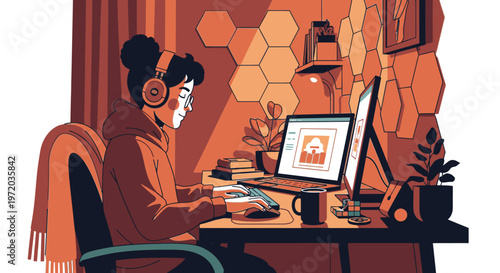 Young woman with headphones working on a laptop at home, focused and productive in a cozy workspace