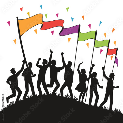 Group of children playing soccer and waving flags in celebration