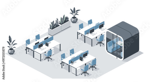 Modern open-plan office space with workstations, plants, and a private meeting pod, isometric view