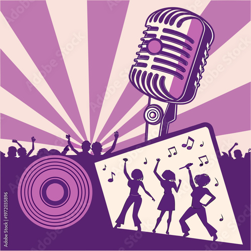 Retro microphone music background with dancing couple disco party vector illustration