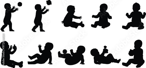 Collection of baby silhouettes vector set showing playful infant poses, crawling sitting and playing activities isolated for childcare design concepts