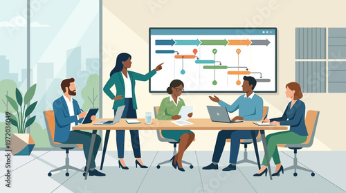 Project Management and Business Strategy Meeting with Diverse Professional Team Collaborating on Timeline in Modern Office