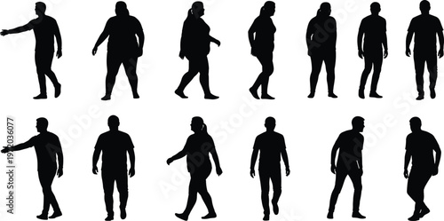 Collection of diverse human silhouettes standing and walking, showcasing posture variations, gesture recognition, body shapes and movement study