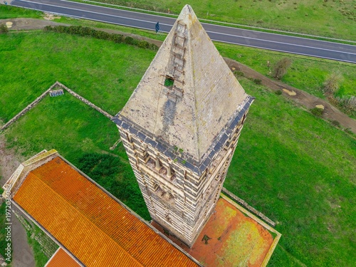 Aerial view of the bell tower of the Basilica of Saccargia. Codrongianos. Sardinia, Italy