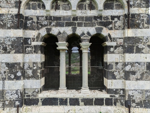 Detail of the bell tower of the Basilica of Saccargia, Codrongianos. Sardinia, Italy