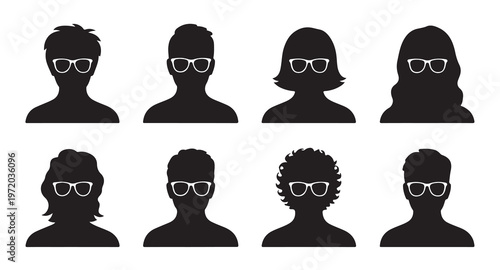 Diverse group silhouettes with glasses vector icon set facial features.