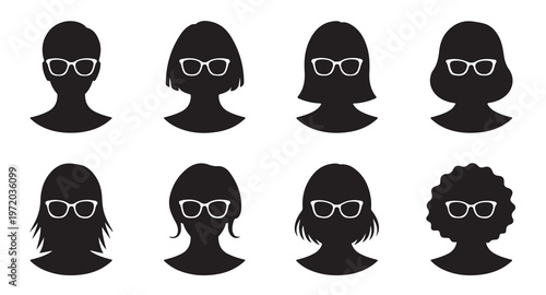 Abstract head silhouettes with glasses vector set diverse profile styles.
