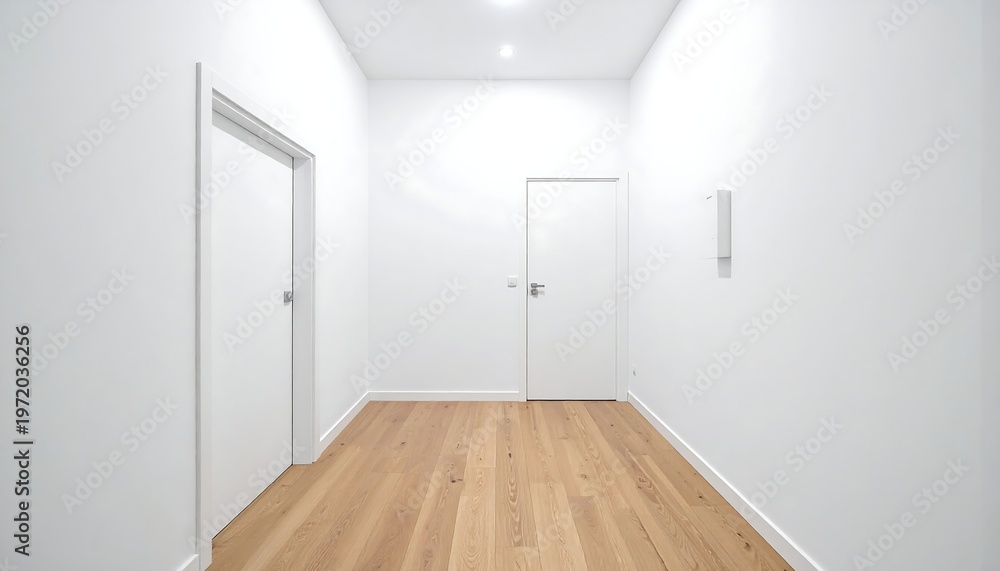 Fototapeta premium Minimalist hallway with white walls, light wooden floors, and two doors