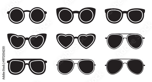 Sunglasses silhouette set icons for summer beach fashion and eye protection vector graphics.