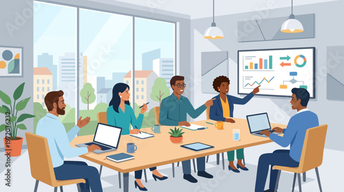 Diverse Business Team Meeting in Modern Office with Data Presentation Illustration
