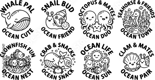 Cute black and white vector art of smiling whale snail octopus seahorse clownfish and crab marine animals with happy facial expressions
