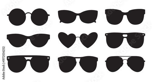 Black sunglasses silhouette collection isolated on white background for minimalist design work.